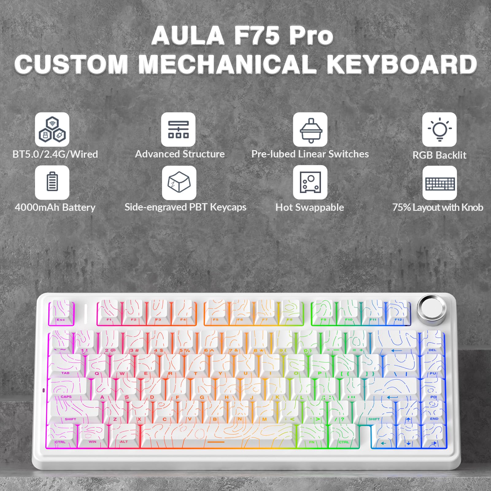 Amazon.com: AULA F75 Pro Wireless Mechanical Keyboard with Knob,75